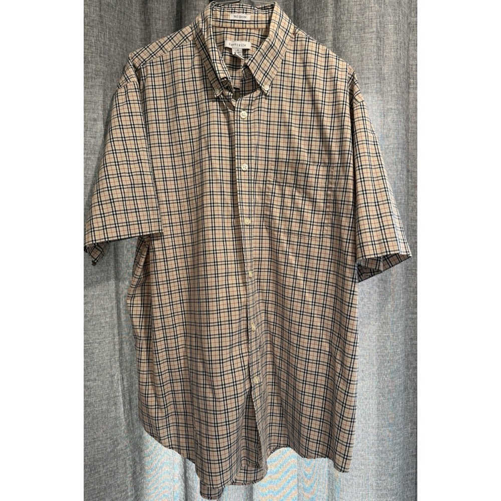 Van Heusen Men's Shirt L 16 -16.5" No Iron Short Sleeve Button Down Tan Blue Red